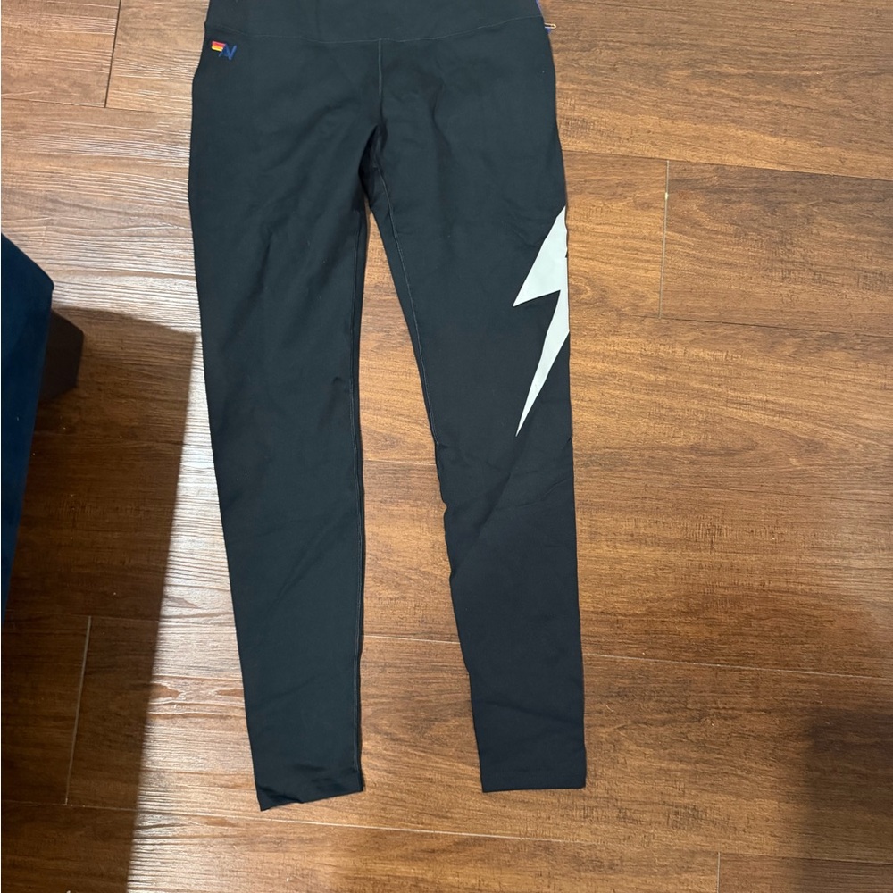 Aviator Nation Black Leggings with White Lightning Bolt